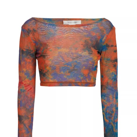 RONNY KOBO Vera Long Sleeve Mesh Crop Top in Orange Tie Dye Size Small - Picture 4 of 6